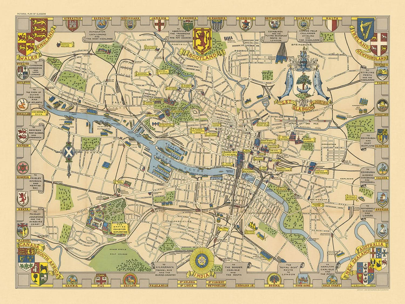 Antiguo mapa ilustrado de Glasgow por Bullock, 1938: Catedral, Universidad, Kelvingrove, Green, Clyde.