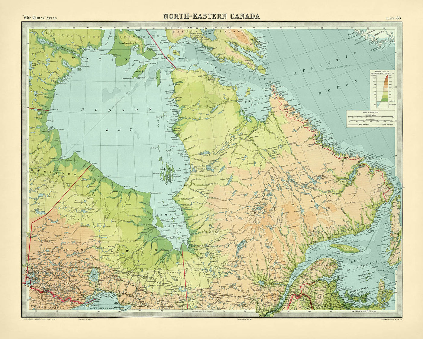 Old Map of Ontario & Quebec by Bartholomew, 1922: Quebec City, St. John’s, Hudson Bay, Torngat Mountains, Gulf of St. Lawrence
