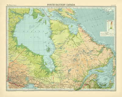 Old Map of Ontario & Quebec by Bartholomew, 1922: Quebec City, St. John’s, Hudson Bay, Torngat Mountains, Gulf of St. Lawrence