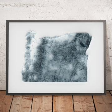 A framed image of a 3D style topographic relief map ofOregon