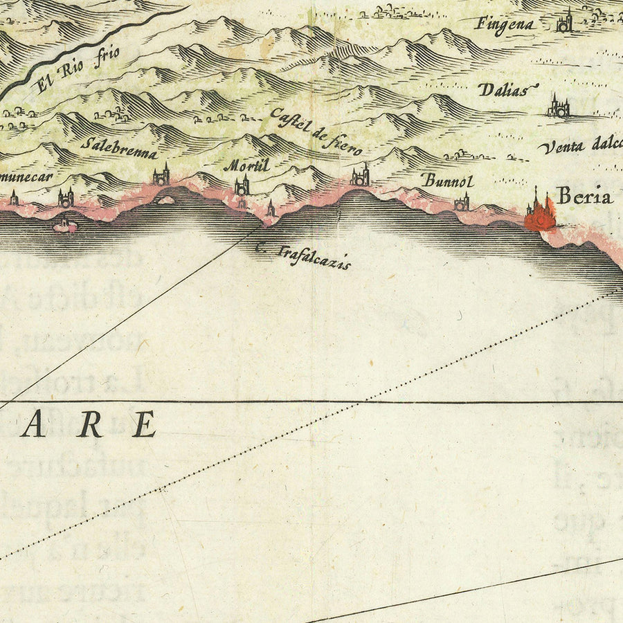 Antica mappa del sud della Spagna di Blaeu, 1640: Granada, Murcia, Malaga, Battaglia navale 