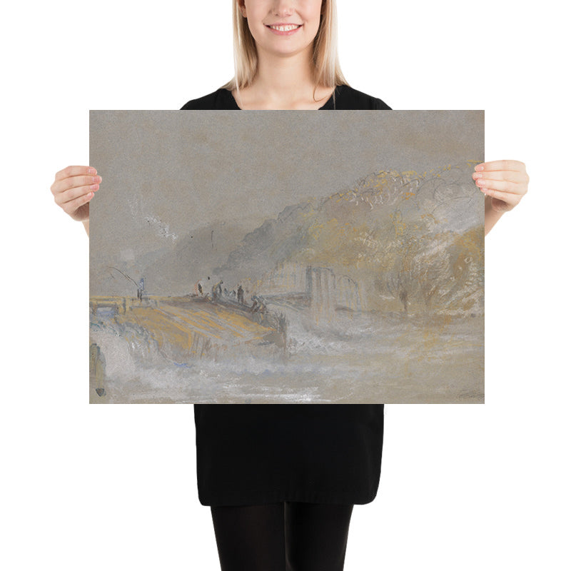 Foul di Dio: Paesaggio fluviale con pescatori che pescano da una diga di Turner, 1830 