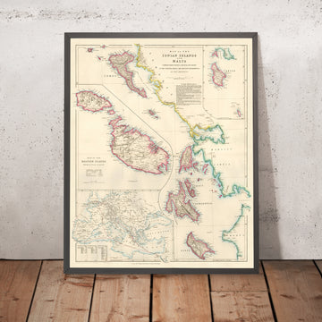 Antica mappa di Grecia e Malta di Arrowsmith, 1844: Corfù, La Valletta, Mare Ionio, mappa in dettaglio, topografia 