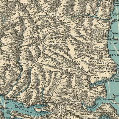Old Birdseye Map of Puget Sound Region, 1927: Seattle, Tacoma, Olympic Peninsula, San Juan Islands, Mount Rainier