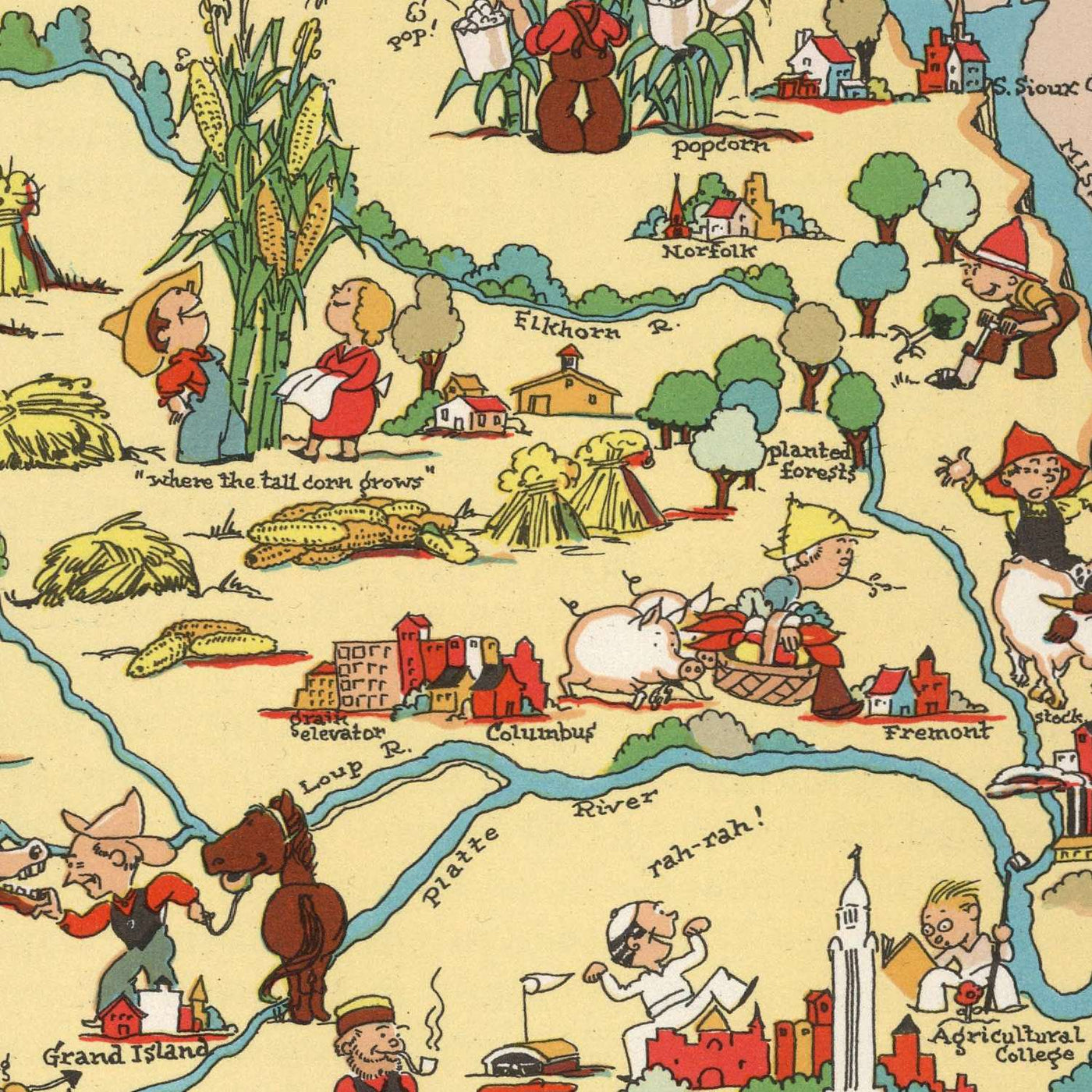 Pictorial Map of Nebraska by Ruth Taylor White, 1935: Omaha, Lincoln, Platte River, Sandhills, Railroads