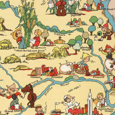 Pictorial Map of Nebraska by Ruth Taylor White, 1935: Omaha, Lincoln, Platte River, Sandhills, Railroads