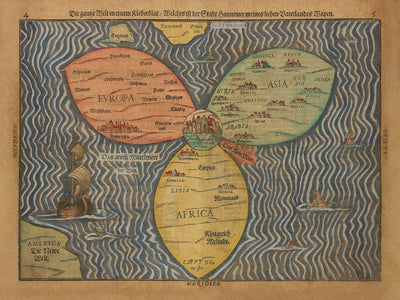 Carte du monde antique du trèfle par Bunting, 1582 : centre de Jérusalem, motif en trèfle, éléments fantastiques