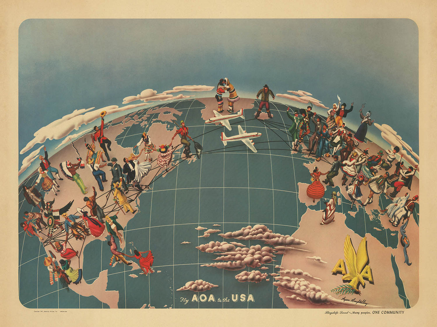 Old American Overseas Airlines World Map, 1947: Cultural Unity, Post-War Optimism, Bird’s-Eye View