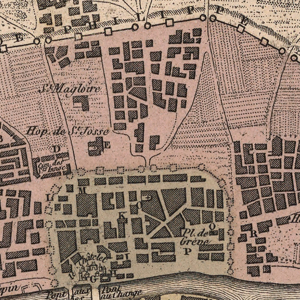 Old Map of Medieval Paris by Vuillemin, 1869: Notre-Dame, Île de la Cité, Seine, Louvre, City Walls