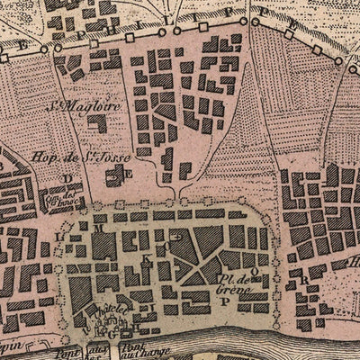 Old Map of Medieval Paris by Vuillemin, 1869: Notre-Dame, Île de la Cité, Seine, Louvre, City Walls