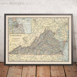 Old Political & Road Map of Virginia, 1920: Virginia Beach, Chesapeake, Norfolk, Richmond, Newport News