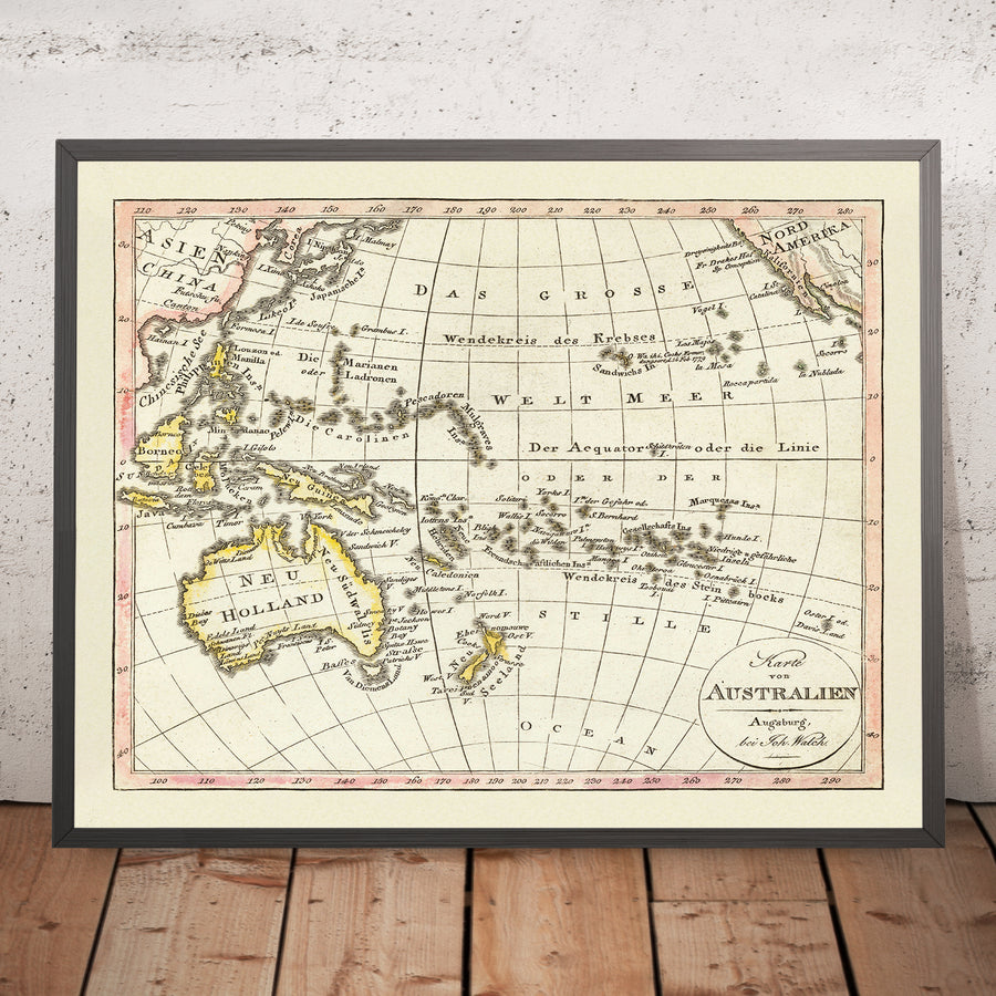 Mappa antica del Pacifico di Walch, 1817: Australia, prime coste, esplorazione europea 