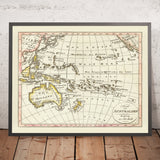 Antiguo mapa del Pacífico Rim de Walch, 1817: Australia, primeras líneas costeras, exploración europea 