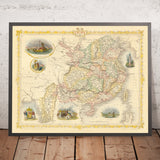 Old Map of China and Burma by Tallis, 1851: Taiwan, Myanmar, Hong Kong, Great Wall, Canton, Yangtze, Lhasa
