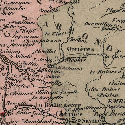 Old Map of Hautes-Alpes by Vuillemin, 1869: Gap, Briançon, Embrun, Alpine Peaks, Coats-of-Arms