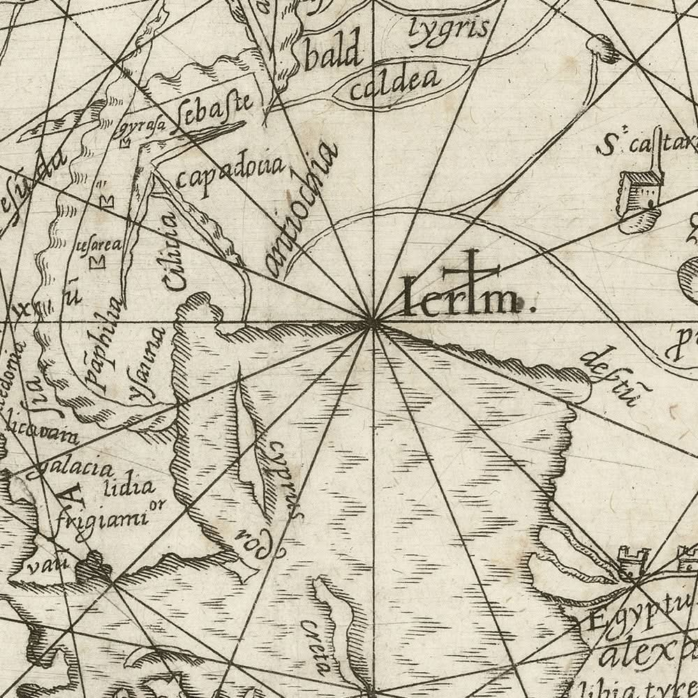 Mittelalterliche Weltkarte zentriert auf Jerusalem von Vesconte, 1611: Portolan Mappa Mundi 