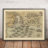 L'attaque de Santiago par Sir Francis Drake, par De Bry, 1599 : carte de bataille, flotte, troupes, fortifications 