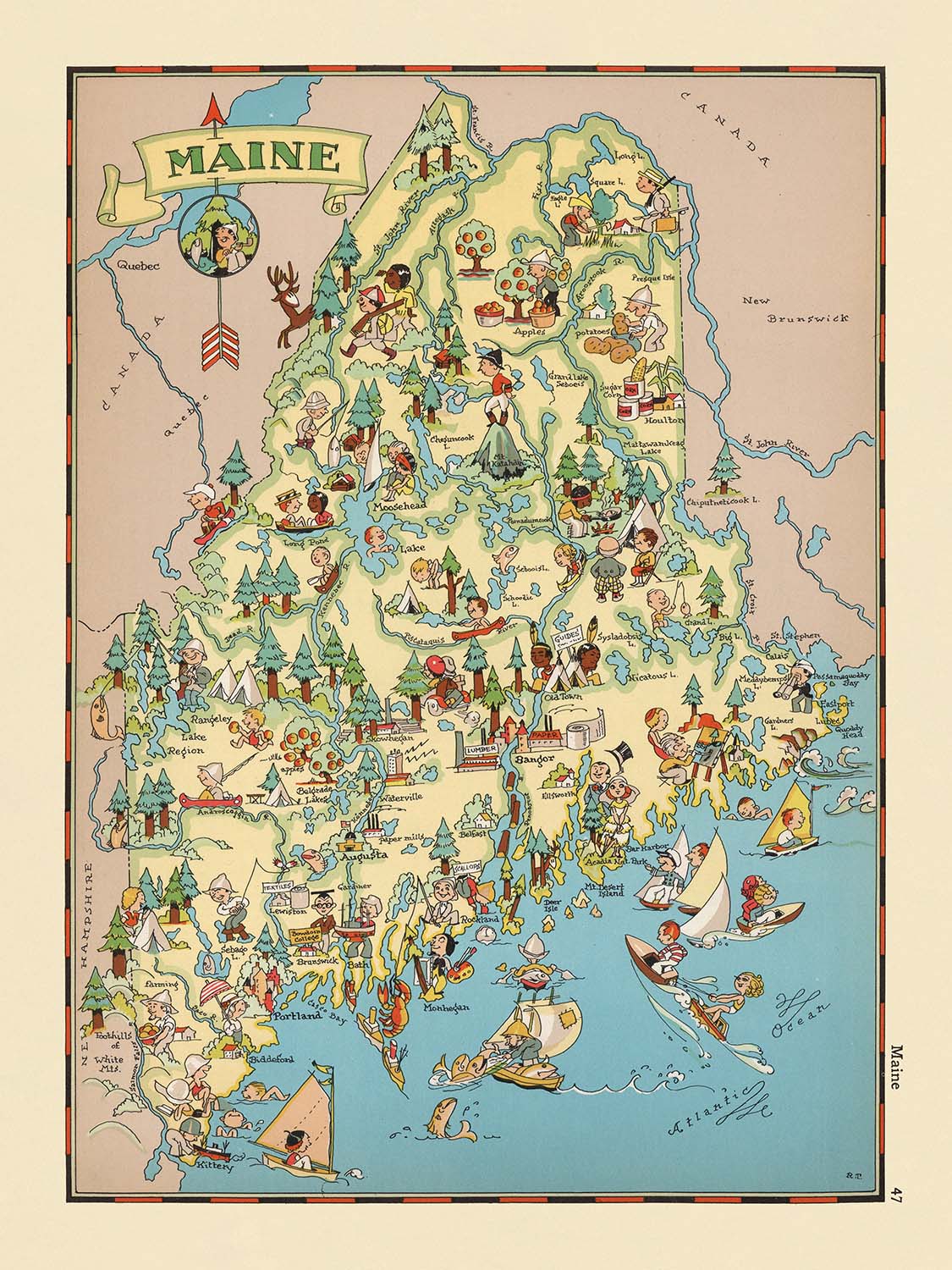 Pictorial Map of Maine by Ruth Taylor White, 1935: Portland, Bangor, Timber, Lobstering, Katahdin