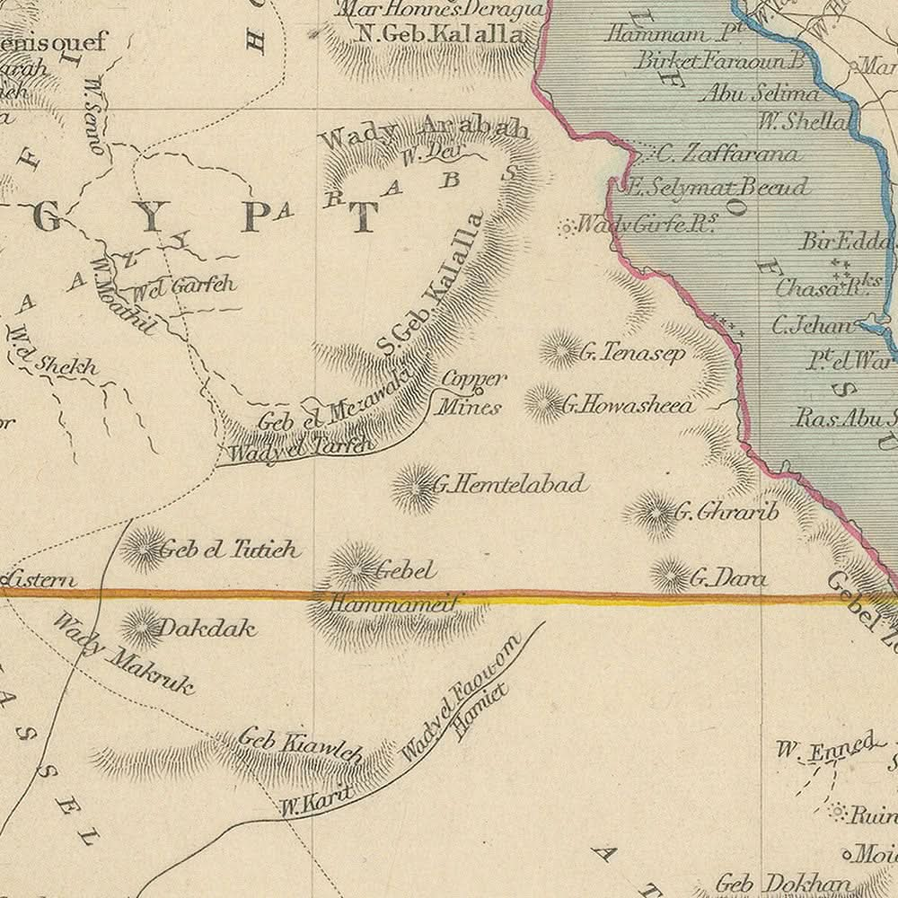 Ancienne carte de l'Égypte par Tallis, 1851 : Le Caire, Alexandrie, Karnac, le Sphinx, la mer Rouge