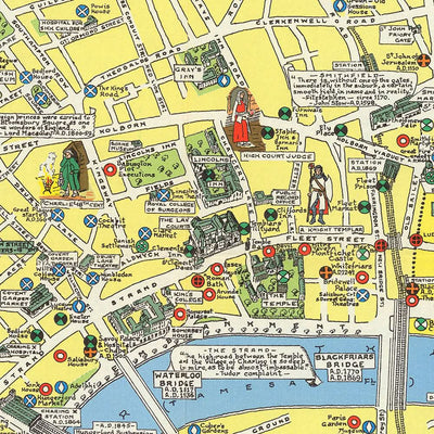 Antiguo mapa ilustrado de Londres por Bullock, 1965: Torre de Londres, San Pablo, Westminster, Hyde Park, Soho.