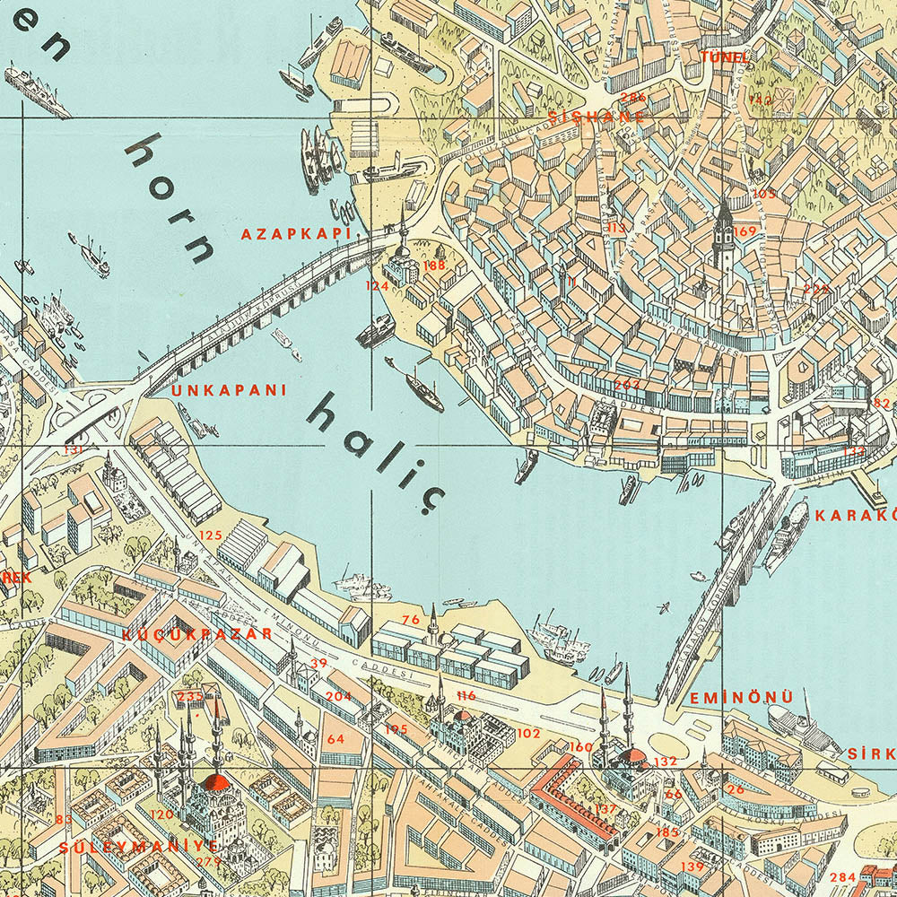 Large Old Map of Istanbul by Özden, 1966: Bird's Eye View, Hagia Sophia, Topkapi, Blue Mosque, Bosphorus