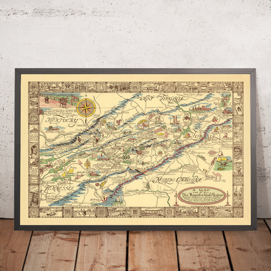 Mappa antica della regione degli Appalachi di Kearfott, 1950: Sentiero degli Appalachi, Cumberland Gap, Grandi Monti Smoky, Winston Salem 