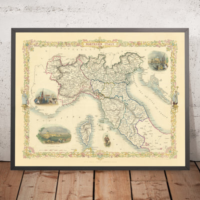 Old Map of Northern Italy by Tallis, 1851: Venice, Alps, St Peter's Basilica, Lake Garda