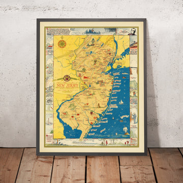 Antiguo mapa pictórico de Nueva Jersey de Des Rosiers 1939: Washington Crossing, Trenton-Princeton, Morristown, Monmouth, D&R Canal 