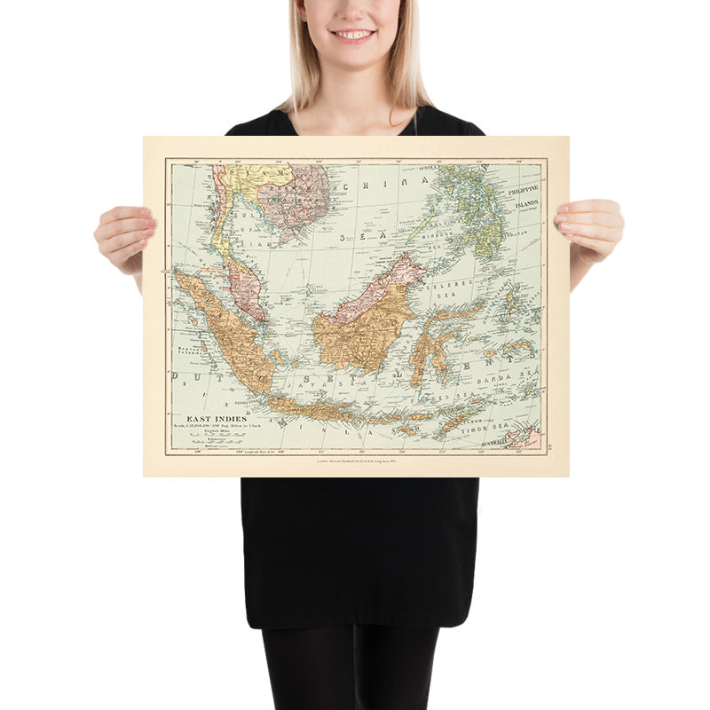 Alte Karte der Ostindien von Stanford, 1926: Indonesien, Malaysia, Philippinen, Eisenbahnen 