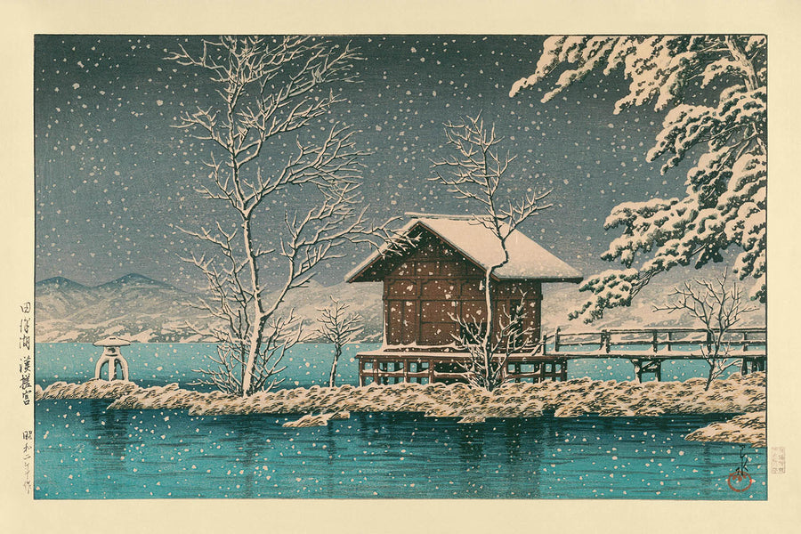 Santuario Kansagu al Lago Tawaza nella Neve di Hasui Kawase, 1935 