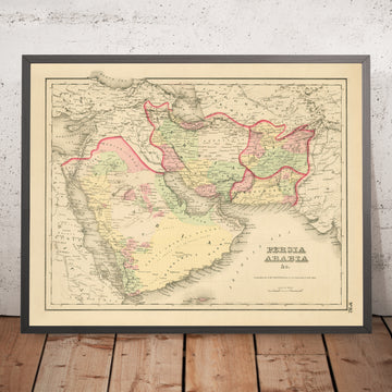 Mapa antiguo de Persia y Arabia de Colton, 1857: Oriente Medio, Golfo Pérsico, montes Zagros 