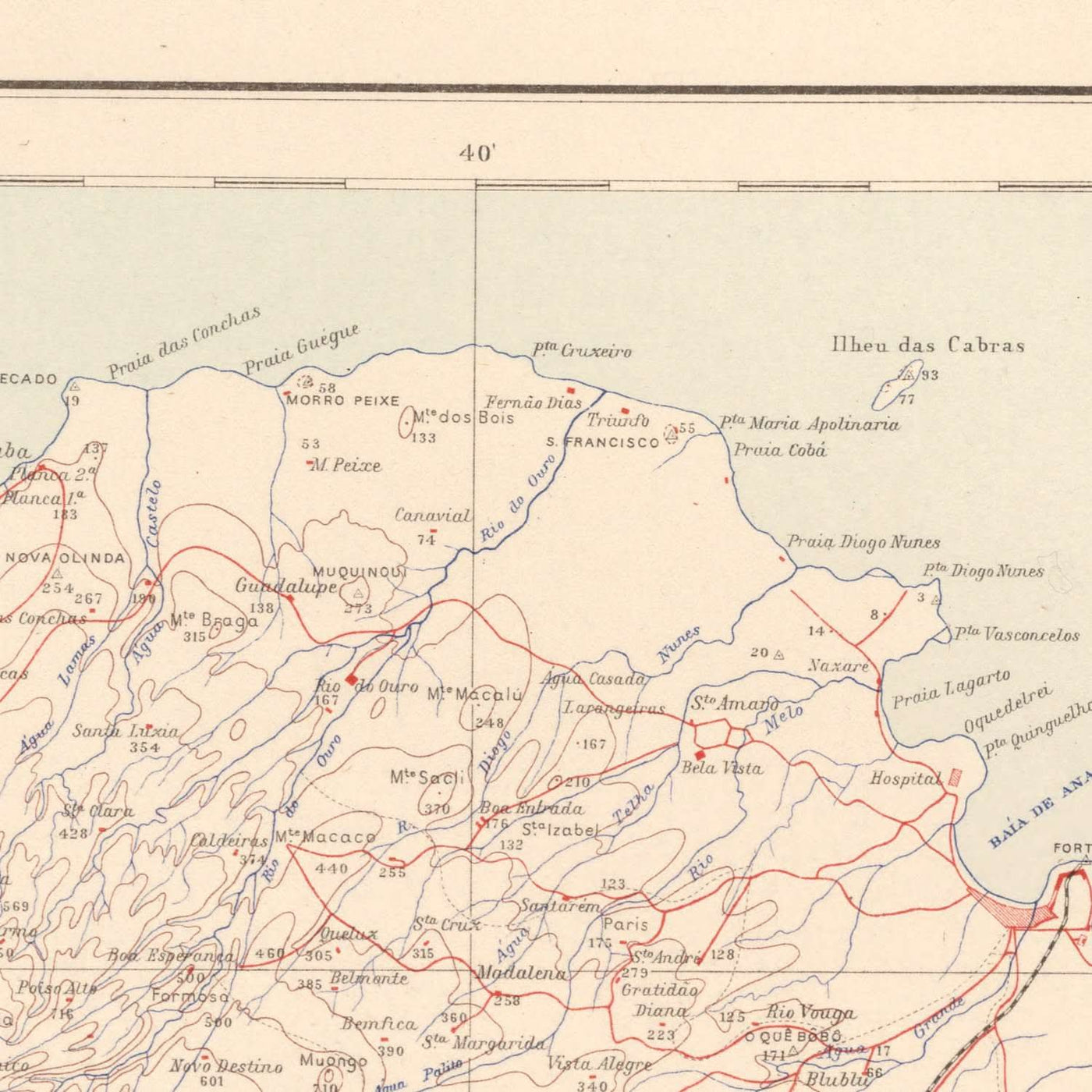 Ancienne carte de São Tomé, 1945 : São Tomé, Neves, Trindade, rivières, montagnes