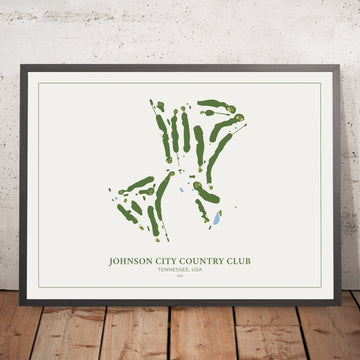 A framed image of Johnson City Country Club in the style of a simple and modern golf course map