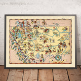 Carte picturale du Montana par Ruth Taylor White, 1935 : Billings, Missoula, parcs nationaux de Yellowstone et Glacier, montagnes Rocheuses, rivière Missouri 