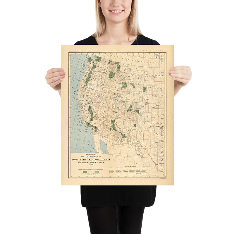 Old Map of Forests & National Parks in the Western USA by USGS, 1900: Yellowstone, Sierra Nevada, Etc.