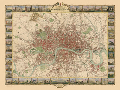 Rare Old Illustrated Map of London by Tallis, 1851 with 50 City Views