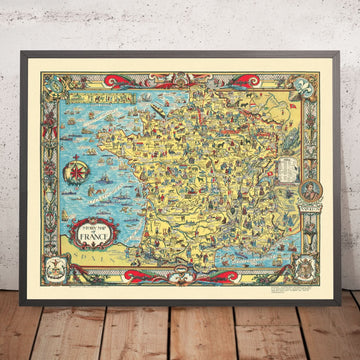 Ancienne carte historique de la France, 1936 : Histoires, batailles, monuments, personnes célèbres 