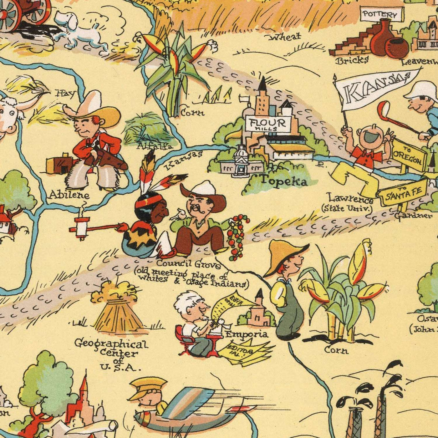 Pictorial Map of Kansas by Ruth Taylor White, 1935: Wichita, Kansas City, Topeka, Railroads, Sunflowers