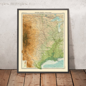 Old Central USA Topographic Map by Bartholomew, 1922: Gulf routes, Mississippi R., Houston, Dallas, New Orleans