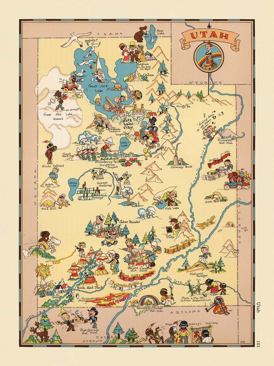 Pictorial Map of Utah by Ruth Taylor White, 1935: Salt Lake City, Zion, Arches, Great Salt Lake, Wasatch Mountains