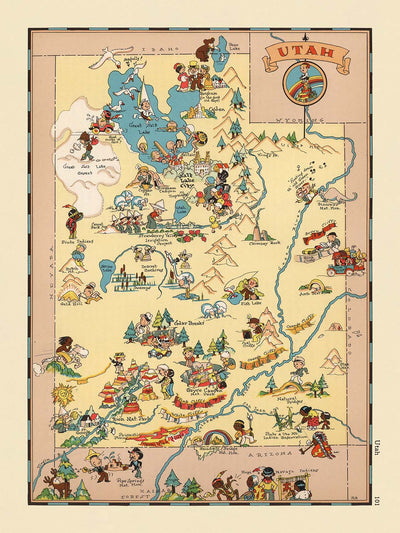 Pictorial Map of Utah by Ruth Taylor White, 1935: Salt Lake City, Zion, Arches, Great Salt Lake, Wasatch Mountains