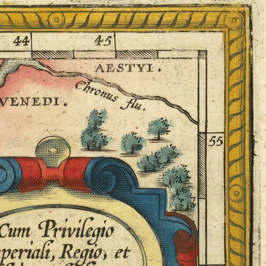 Mappa antica della Germania e della Polonia di Ortelius, 1624: Reno, Danubio, Mare del Nord, Foreste 