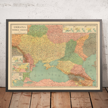 Antigua Mapa de Ucrania "Tierra de los Cosacos", 1943: Kyiv, Mar Negro, Cárpatos 