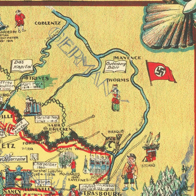 Mapa ilustrado antiguo de Francia, 1936: París, Marsella, Lyon, Océano Atlántico, Castillos