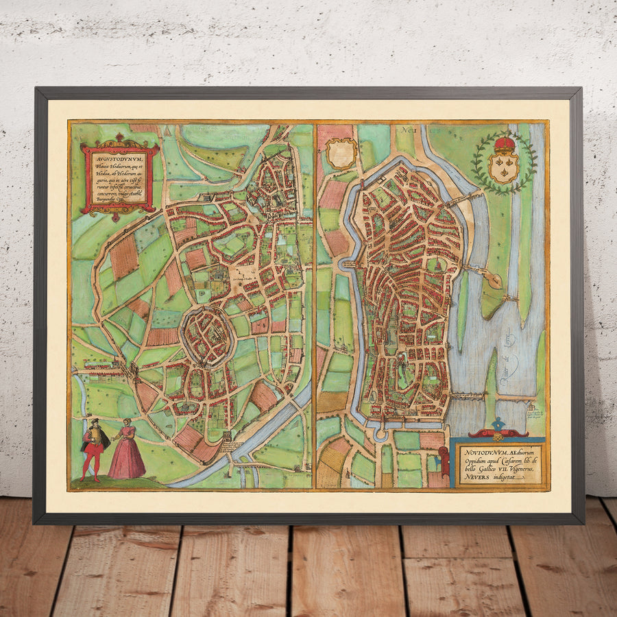 Antica mappa di Autun e Nevers di Braun e Hogenberg, 1581: Mura cittadine, Cattedrali, Palazzo Ducale, fiumi Loire e Arroux, Ponti 