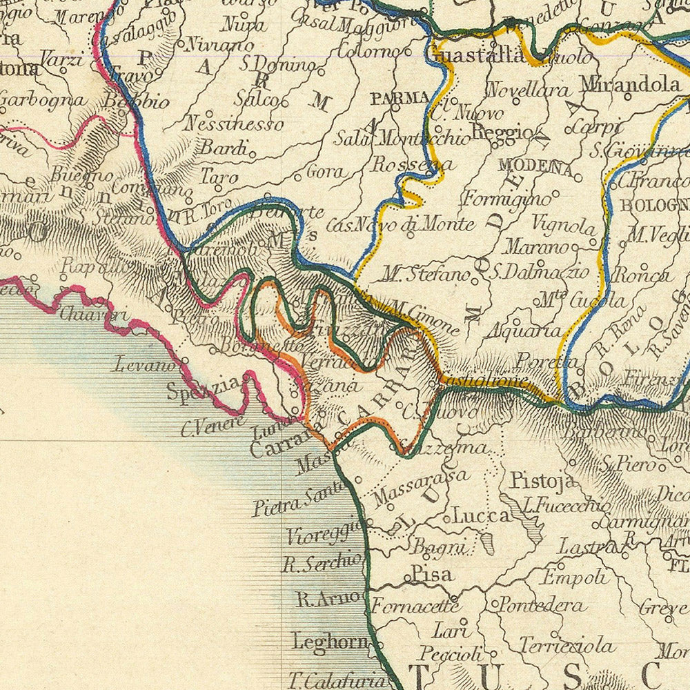 Old Map of Northern Italy by Tallis, 1851: Venice, Alps, St Peter's Basilica, Lake Garda