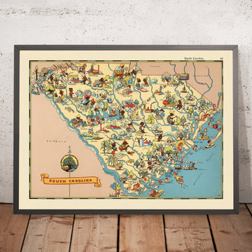 Mappa Pittorica della Carolina del Sud di Ruth Taylor White, 1935: Columbia, Charleston, Greenville, Costa Atlantica, Confini delle Contee 
