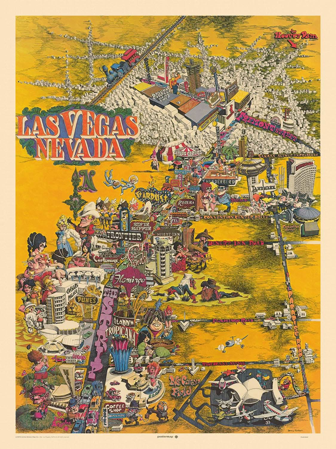 Alte Bildkarte von Las Vegas von Hinton, 1970: The Strip, Caesars Palace, Circus Circus, Fremont St, Convention Center