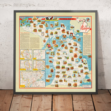 Old Pictorial Map of Michigan by Brink, 1950: Detroit, Grand Rapids, Flint, Kalamazoo, Ann Arbor