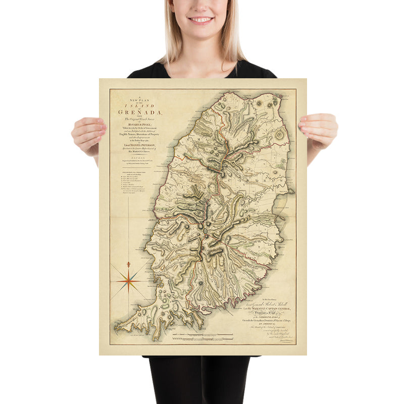 Rare Map of Grenada by Paterson, 1780: St. George's, Estates, Rivers, Bedford Point, Plantations